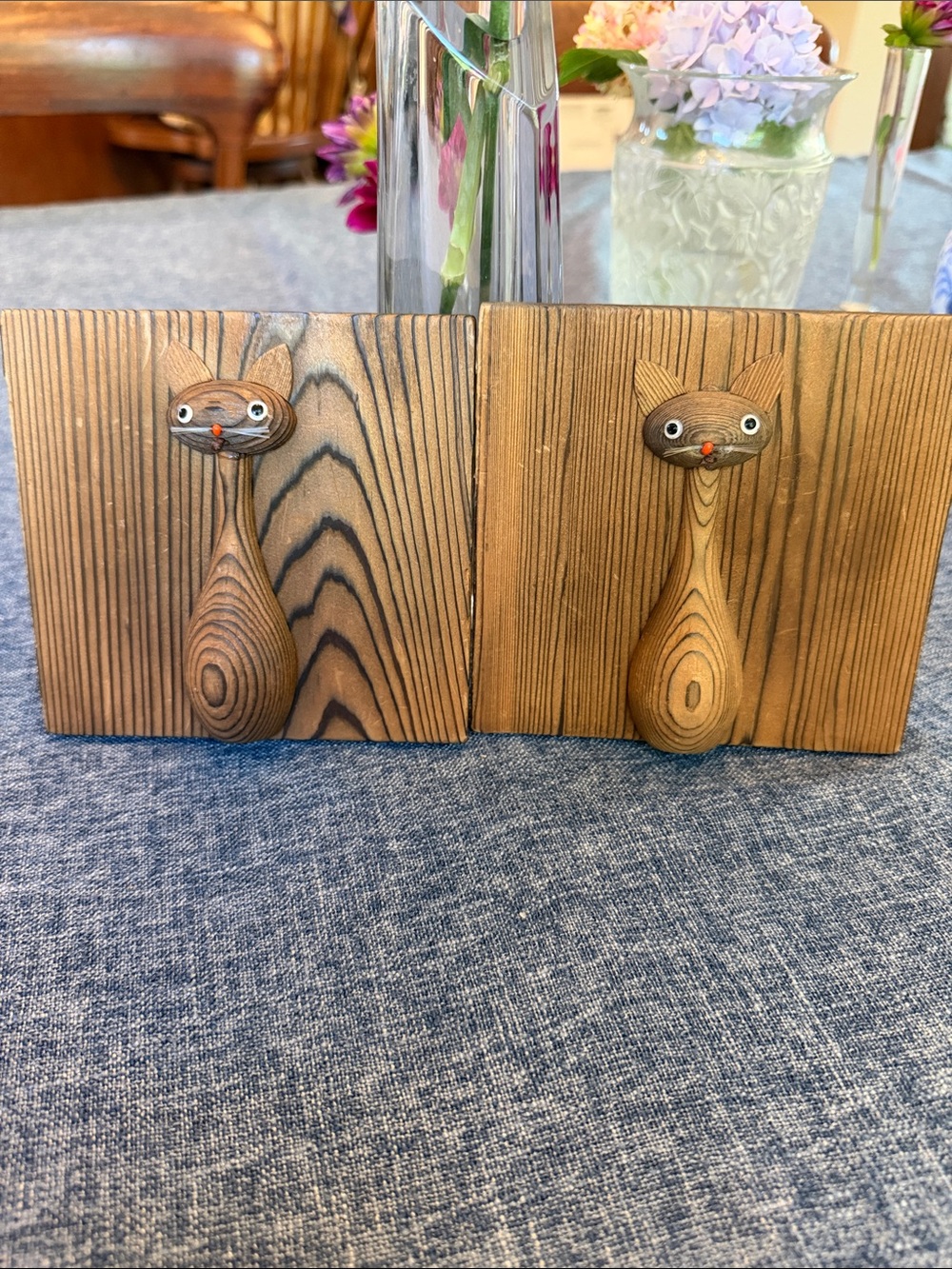MCM 1970s Brown Wooden 3 D whimsical Cat Wall plaques or bookends